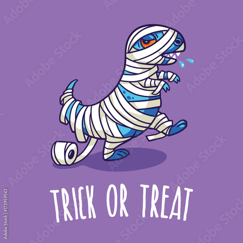 Halloween Poster or Greeting card with cartoon dinosaur in costume