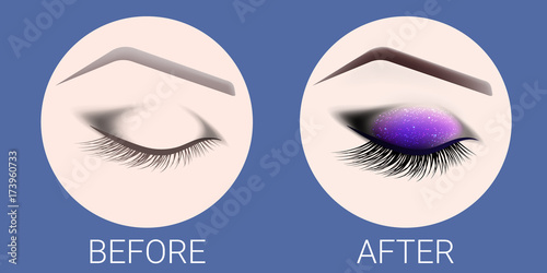Design of eyebrows and make-up. The closed female eye before and after a make-up. Curved female eyebrow and long eyelashes. Eyelash extension, eye shine and eyebrow tattoo.