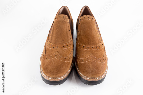 Female Brown Leather Shoe on White Background, Isolated Product.