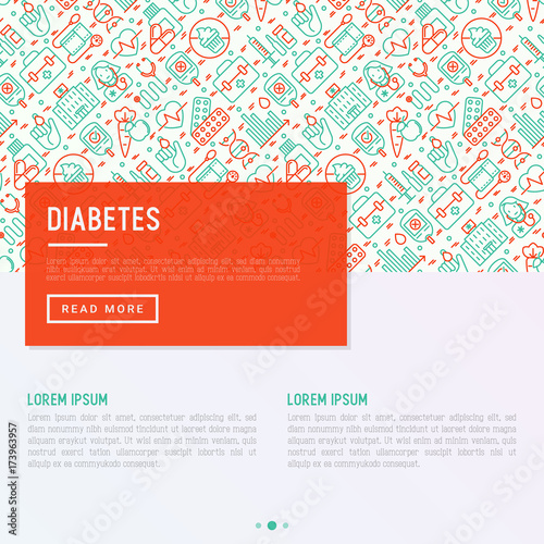 Diabetes concept with thin line icons of symptoms and prevention care. Vector illustration for background of medical survey or report, for banner, web page, print media with place for text.