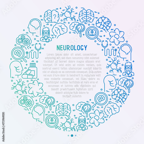 Neurology concept in circle with thin line icons: brain, neuron, neural connections, neurologist, magnifier. Vector illustration for medical survey or report with place for text inside.