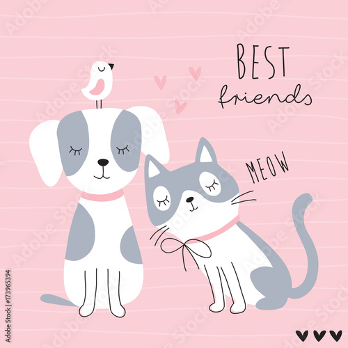 cute best friends cat, dog and bird vector illustration