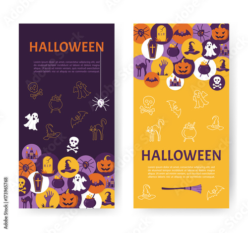 Halloween Banner. Halloween Icons in circles on textured backdro