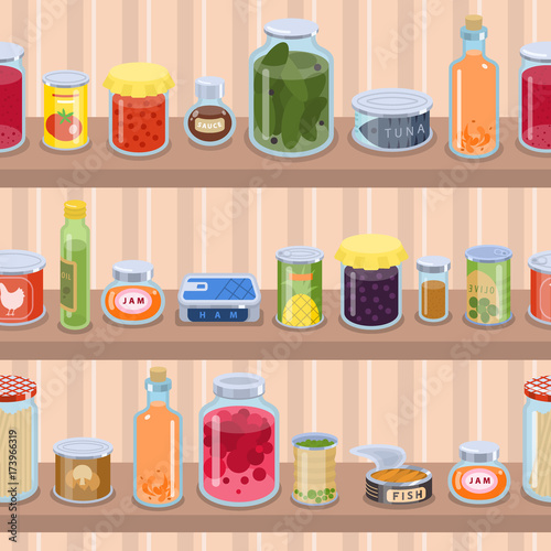Collection of various tins canned goods food metal container product on shop shelf vector illustration.