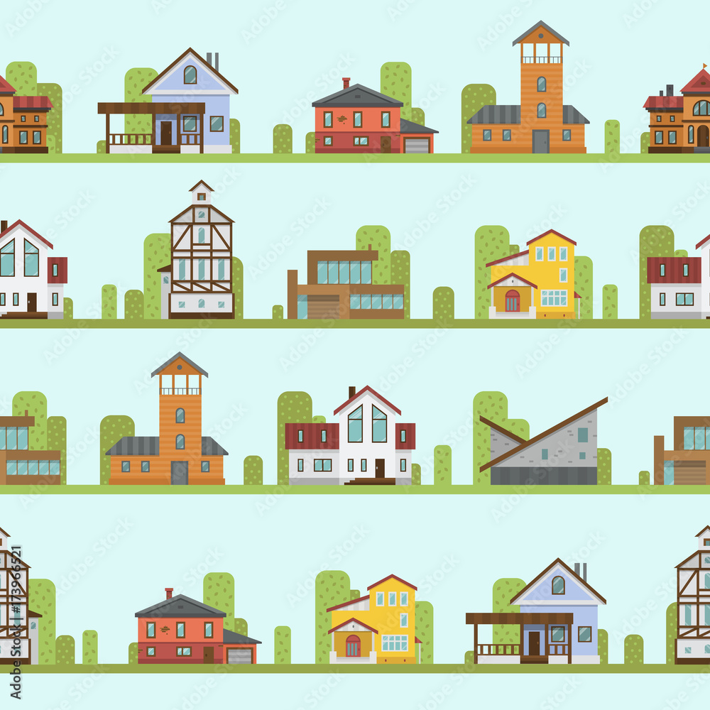 Different city town buildings street view architecture seamless pattern house home facade vector illustration