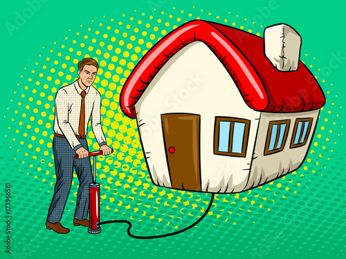 Εκτύπωση καμβά Man inflate house pop art vector illustration
