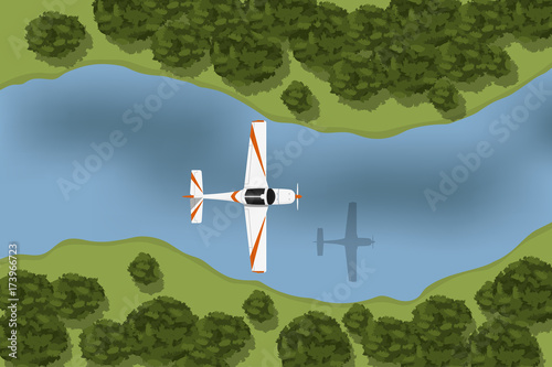 Training aircraft flying over river and forest. Landscape view from above. Top view of airplane. Vector illustration