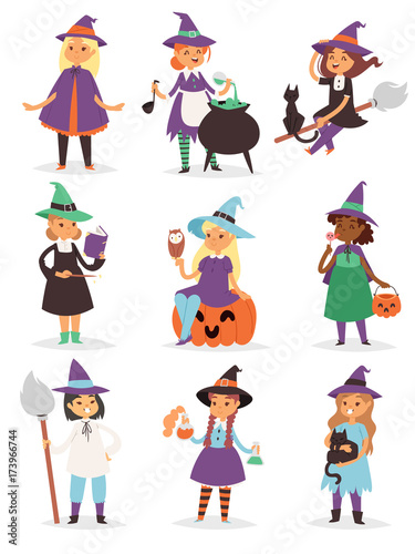 Cute little Halloween Witch girl harridan broom cartoon magic young character costume hat vector illustration.