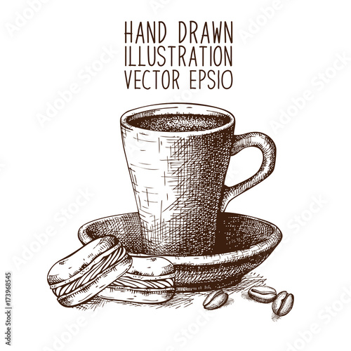 Ink hand drawn coffee pot and coffee cup illustration on white background. Vintage vector coffee illustration. I love coffee