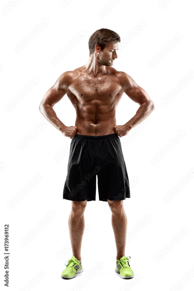 Portrait young sexy handsome man of strong athlete's body with bare torso. Posing on white studio background Portrait young sexy handsome man of strong athlete's body with bare torso. Posing on white studio background
