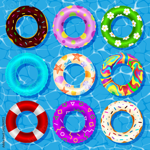 Top view vector collection of rubber rings floating on swimming pool water lifebuoy security, equipment.