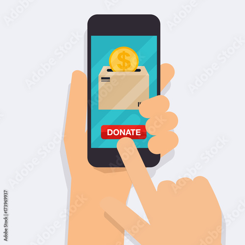 Hand holding mobile smart phone with donation money. Concept for charity online service.  Flat vector illustration.