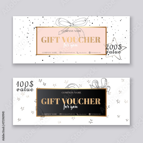 Gift voucher template with gold background. Background design coupon, voucher, certificate, invitation, currency. Vector illustration.