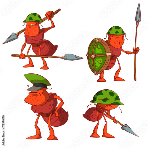 Collection of colorful cartoon ant soldiers