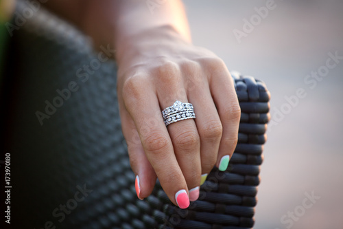 Diamond ring on a finger. photo