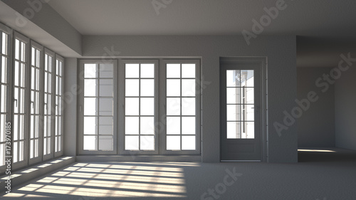 Empty white room  interior 3d illustratio and sunlit window doors waiting for decoration