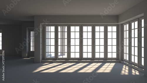 Empty white room  interior 3d illustratio and sunlit window doors waiting for decoration