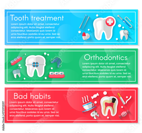 Dental Banner Background Concept With Flat Icons Isolated. Vector Illustration, Dentistry, Orthodontics. Healthy clean teeth. Dental instruments and equipment. Illustration for your projects