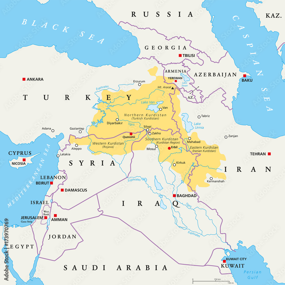 Vecteur Stock Kurdistan region political map. Kurdish inhabited areas ...
