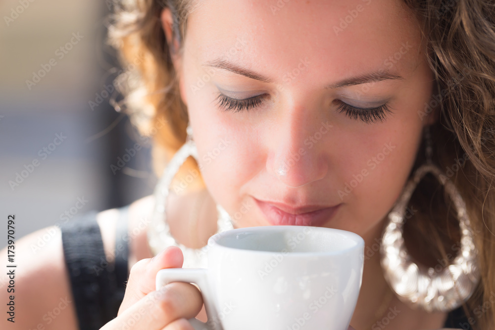 custom made wallpaper toronto digitalyoung woman portrait , drinking coffee in cafe outdoor in summer