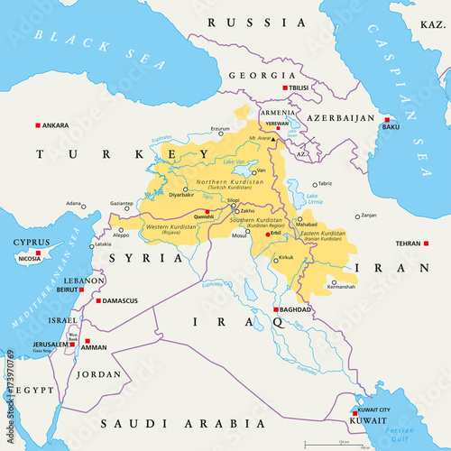 Kurdistan region political map. Kurdish inhabited areas in the middle east. Northern, Western, Eastern and Southern Kurdistan in Turkey, Syria, Iraq and Iran. English labeling. Illustration. Vector. photo