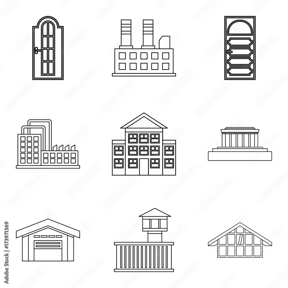 City edifice icons set, outline style