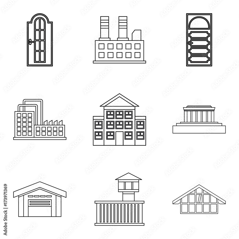 Obraz premium City edifice icons set, outline style