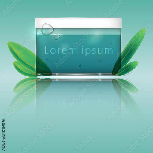 Cream glass transparent bottle with gel from green leaves