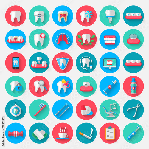 Dentistry icons isolated in a flat design style. Vector Illustration Symbols elements on the topic of stomatology and orthodontics, dental care, caries, prosthetics, transparent and metal braces