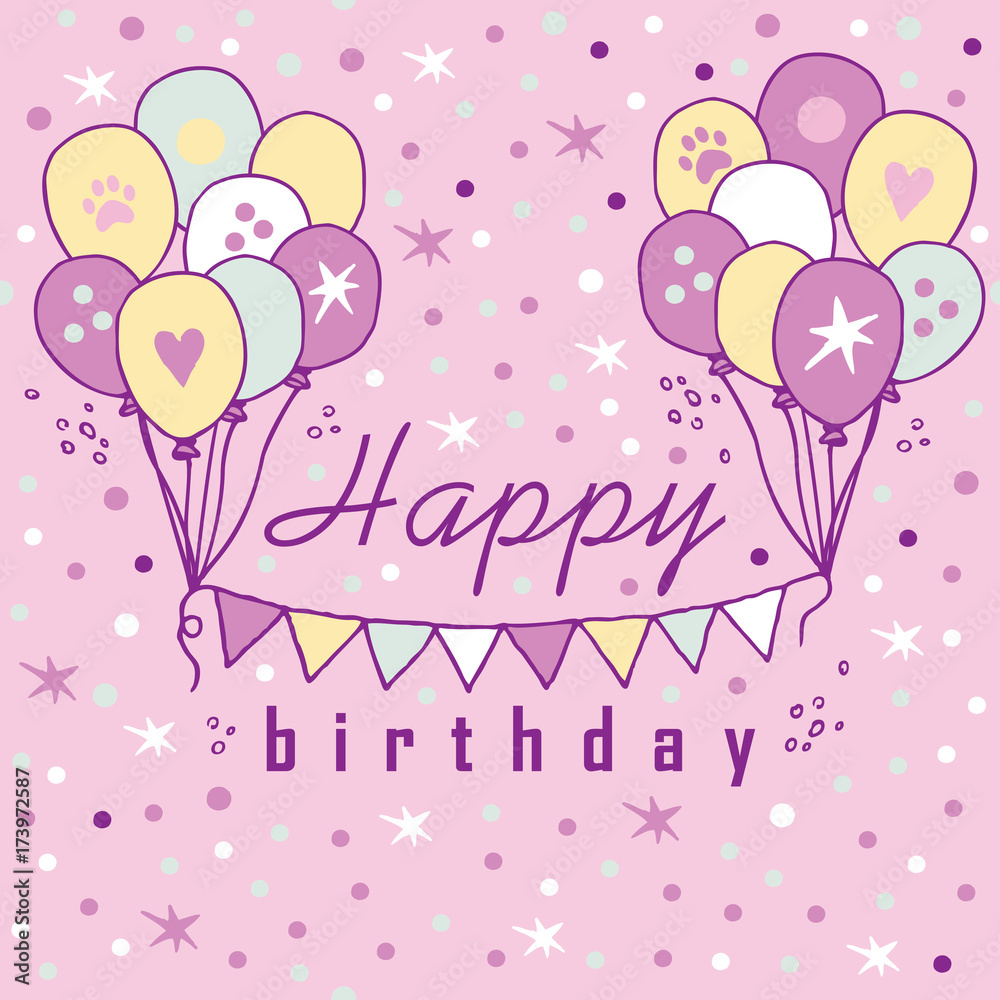 Happy Birthday typographic design for greeting cards on lavender background. / Birthday card, lettering composition. Vector Illustration, hand drawn style.