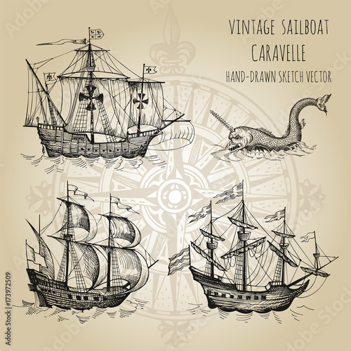 Old caravel, vintage sailboat. Hand drawn vector sketch.