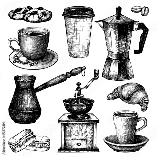 Vector collection of ink hand drawn vintage coffee illustration isolated on white background for restaurant or cafe menu. Vintage coffee and pastry illustration