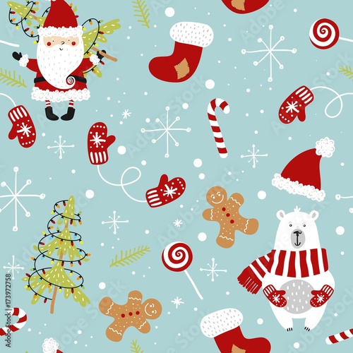Cute Christmas holiday seamless patter. Hand drawing vector illustration.