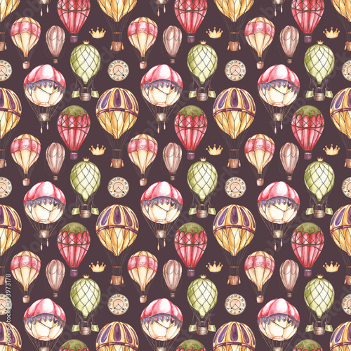 Composition with hot air balloons and blimps, watercolor illustration. Seamless pattern.