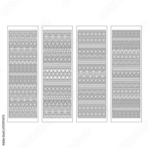 Set of four bookmarks. Black and white hand draw geometric doodle. Coloring book for children and adults, label, banner. Vector illustration.