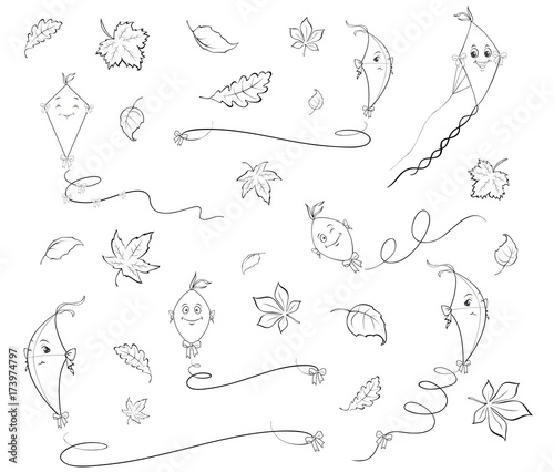 Collection of paper kites and autumn leaves coloring page 