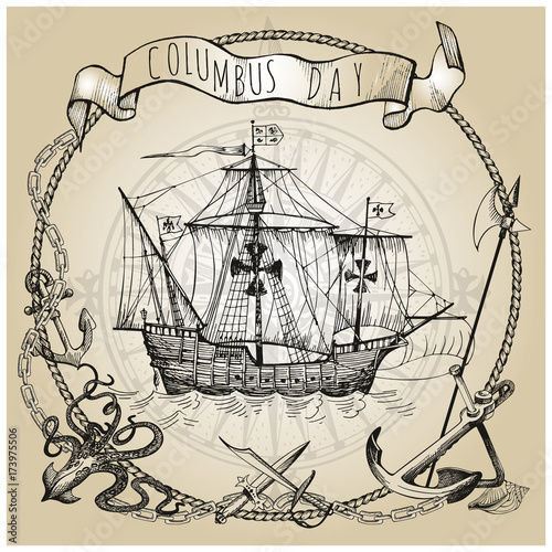 Adventure stories. Pirate background. Vintage border frame. Old caravel, vintage sailboat, sea monster.