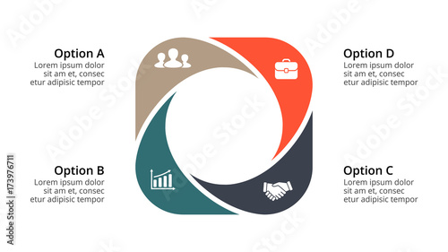 Vector circle arrows infographic, cycle diagram, geometric graph, presentation chart. Business concept with 4 options, parts, steps, processes. 16x9 slide template.