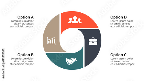 Vector circle arrows infographic, cycle diagram, geometric graph, presentation chart. Business concept with 4 options, parts, steps, processes. 16x9 slide template.