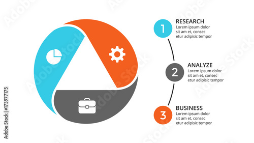 Vector circle arrows infographic, cycle diagram, geometric graph, presentation chart. Business concept with 3 options, parts, steps, processes. 16x9 slide template.