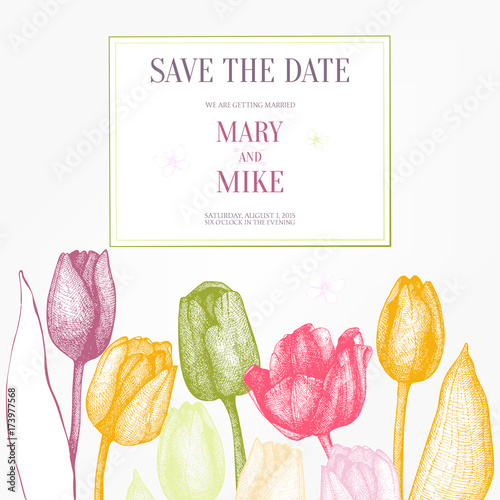 Vector tulip invitation  card. Spring vintage background with hand drawn tulips and butterfly for wedding design. #173977568