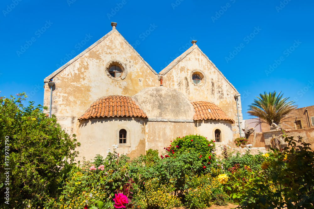 View on the Arkadi Monastery from the inner garden. Crete, Greece