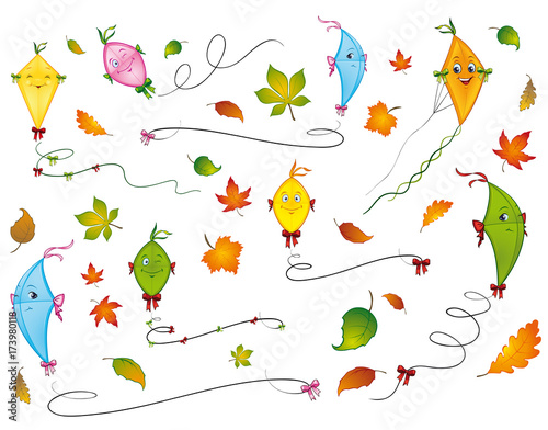 Collection of colorful paper kites and autumn leaves