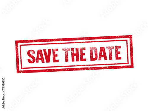 SAVE THE DATE red stamp seal text message on white background