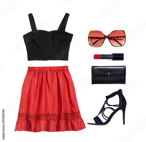 Woman college outfit clothes. Flat lay, isolated clothing accessories.