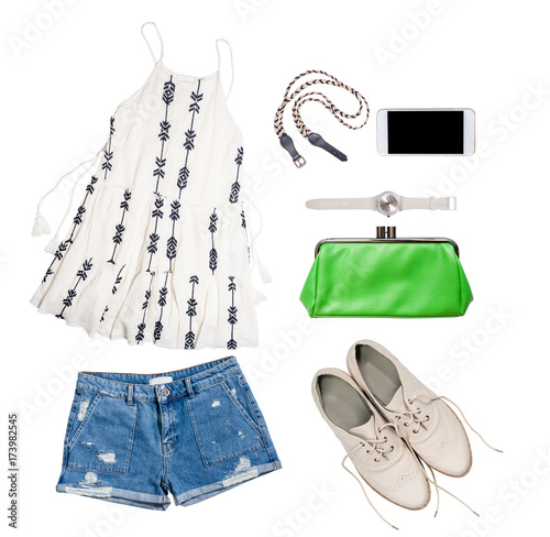 Woman college outfit clothes. Flat lay, isolated clothing accessories.