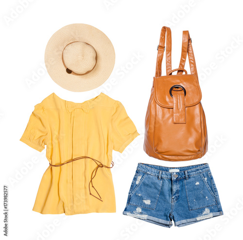 Still life of summer clothing and accessories for woman on isolated white background.