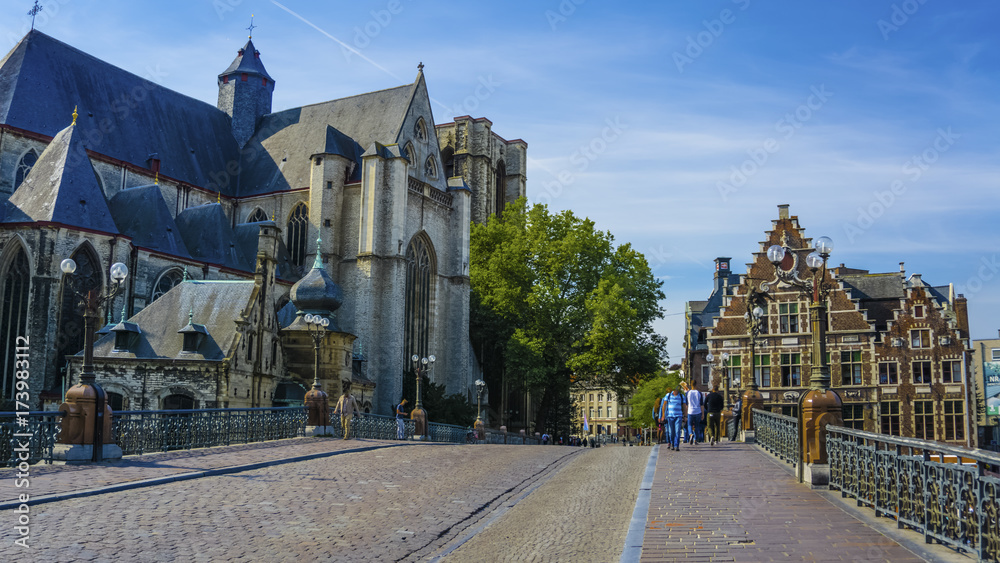 The Sint Michielsbrug bridge  the landmarks of Ghent, such as medieval mansions, St Nicholas Church and Belfort van Gent (Belfry), Belgium.