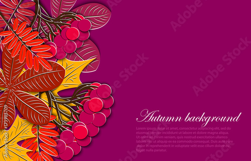 Autumn floral background. Maple and chestnut leaf, rowanberry branch with decorative frame for text. Design elements for fall seasonal banner, poster, teacher's Day or Thanksgiving greeting card.