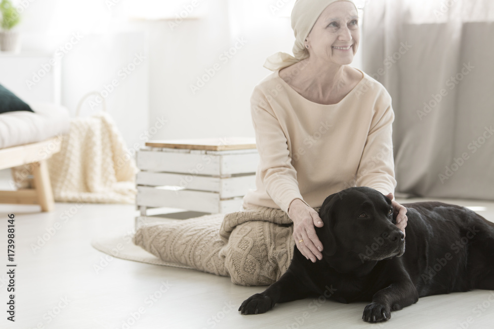 Smiling woman during dog therapy - obrazy, fototapety, plakaty 